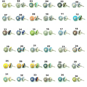 May include: A selection of 36 decorative ceramic cabinet knobs. The knobs feature diverse patterns and colours, including floral and geometric designs. Each knob has a metal stem for fitting. Perfect for adding a unique touch to furniture.