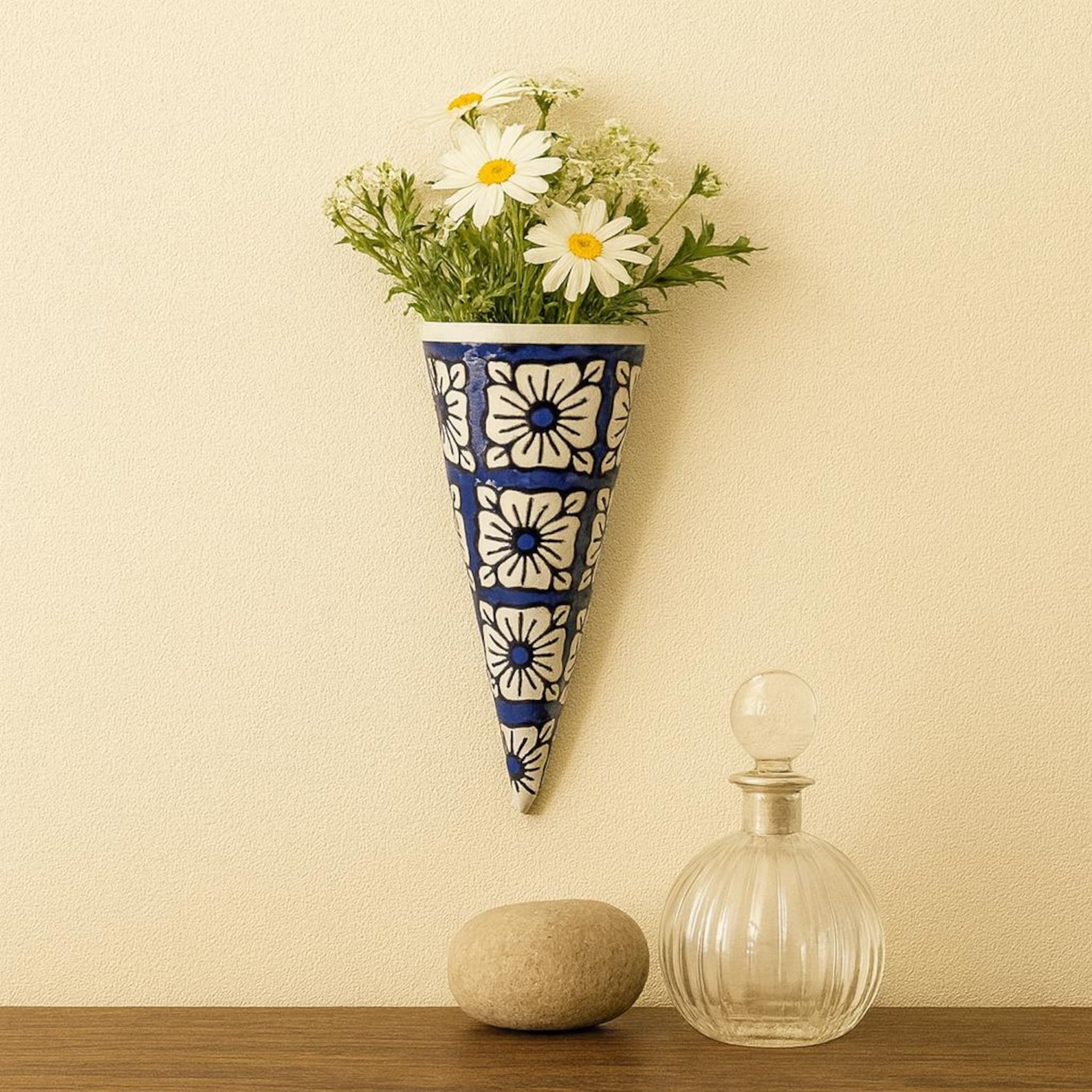 Handmade Blue Pottery Wall Planter | Floral Ceramic Cone Vase