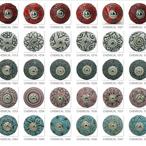 Könnte beinhalten: Eine Sammlung dekorativer Keramik-Schrankknöpfe in verschiedenen Farben und Designs. Die Knöpfe weisen florale, geometrische und abstrakte Muster auf. Jeder Knopf ist mit einer "CHEMICAL"-Nummer versehen.