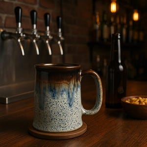 May include: A ceramic beer stein with a brown and blue glaze, on a wooden coaster. The mug has a large handle and a speckled pattern. The background includes a bar setting with beer taps and bottles.