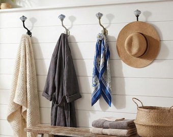 Ceramic Flower Wall Hooks - Vintage Style Twisted Metal Coat Hanger