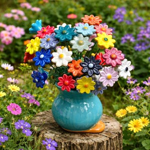 Pode incluir: Um vibrante buquê de flores de cerâmica coloridas em um vaso turquesa. As flores são de várias cores, incluindo vermelho, amarelo, azul e branco. O vaso está em um toco de madeira, cercado por um jardim de flores reais.