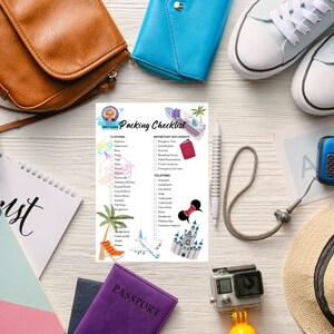 May include: A printable packing checklist for a trip to Disney World. The checklist includes categories for clothing, important documents, toiletries, and miscellaneous items. The checklist is decorated with Disney-themed illustrations, including a castle, a Mickey Mouse head, and a plane.