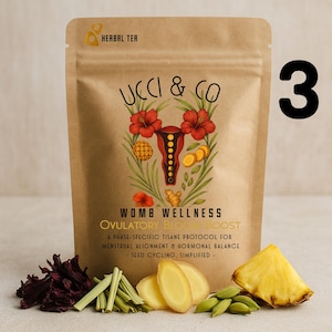 Puede incluir: Una bolsa de papel marrón de té de hierbas con el texto "UCCI & CO" y "WOMB WELLNESS". La bolsa presenta una colorida ilustración de un útero con flores y otras hierbas. Se ven ingredientes como jengibre y piña.