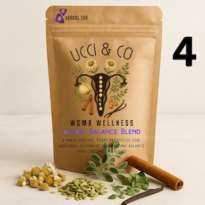 Puede incluir: Una bolsa de papel marrón de té de hierbas con el texto "UCCI & CO" y "WOMB WELLNESS LUTEAL BALANCE BLEND". La bolsa está decorada con una ilustración de útero y rodeada de manzanilla, cardamomo, salvia, canela y vainilla. Un número 4 está en el fondo.