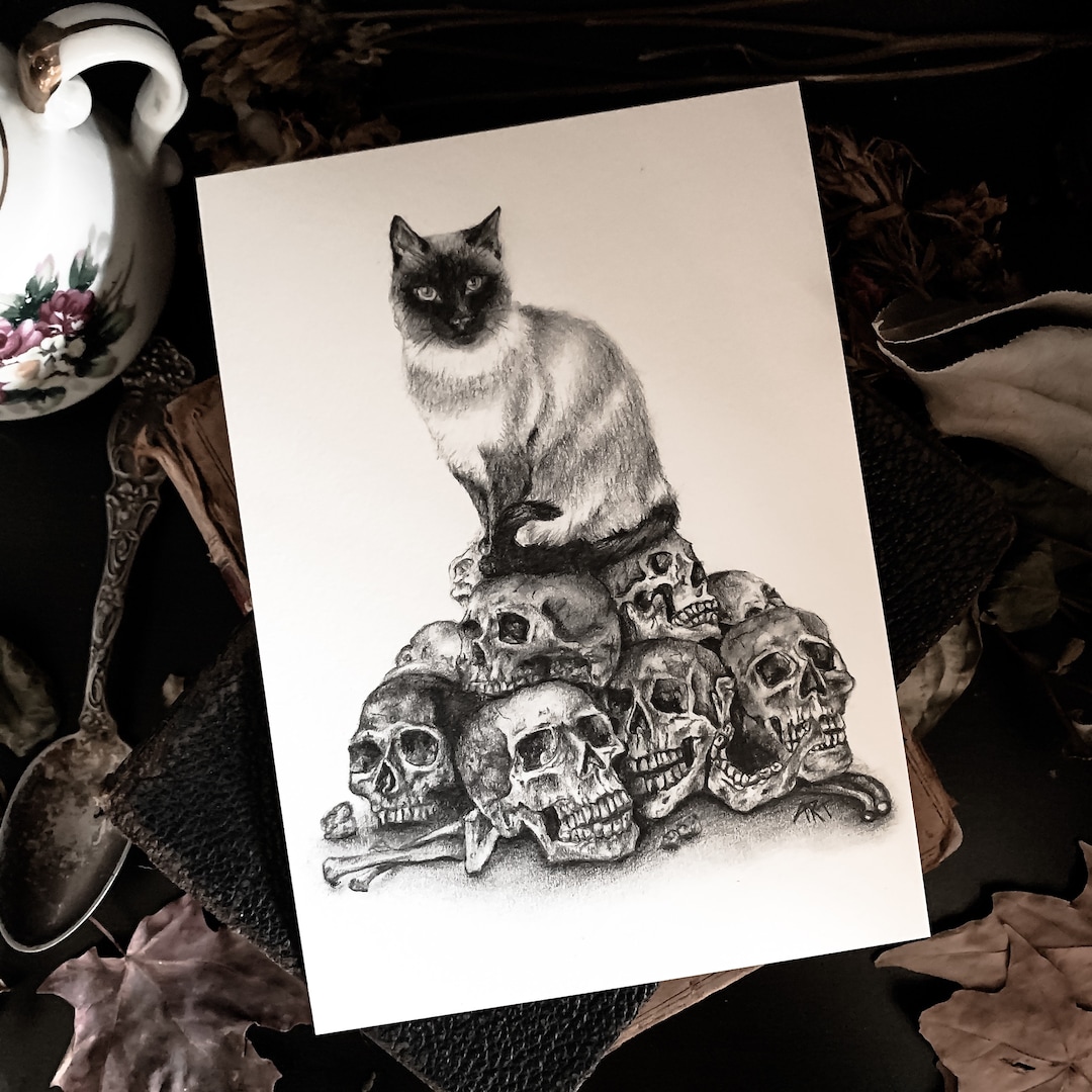 skull-cat-drawing-print-art-print-dark-decor-witchy-decor-dark