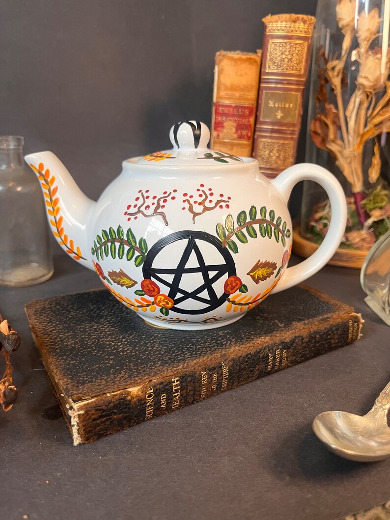 Hand-painted Ceramic Nature Magick Tea Pot dark decor witchy decor dark art cottagecore Tea Party coffee floral image 2