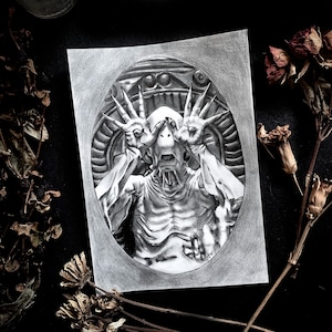 May include: A detailed pencil drawing of a creature with elongated fingers and a skeletal appearance. The creature is framed within an oval border, with its hands covering its eyes. The artwork is set against a dark background with dried flowers.