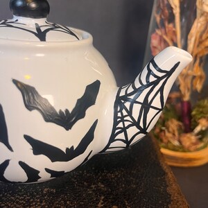 Hand-painted Ceramic Freaking Bats Tea Pot dark decor witchy decor dark art spiderwebs Tea Party coffee bats image 3