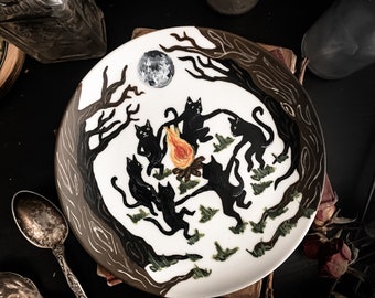 Full Moon Cats Ceramic Plate | dark decor | witchy decor | dark art | cottagecore | halloween | display plate | spooky decor | gothhome