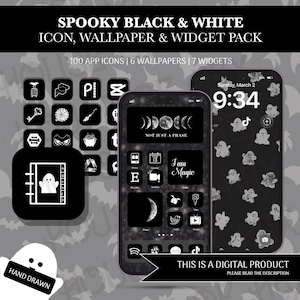 May include: A digital product pack featuring 100 spooky black and white app icons, 6 wallpapers, and 7 widgets. The icons are in a grid format and feature various Halloween-themed designs, including ghosts, bats, and pumpkins. The wallpapers are black with white ghost silhouettes. The widgets are also black and white and feature text like "Not Just a Phase" and "I am Magic".