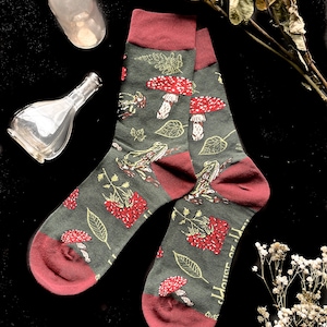 Forest Dweller Socks | unisex | one size | socks | witchy socks | frog | toad | mushroom socks | mushrooms | berries | cottagecore