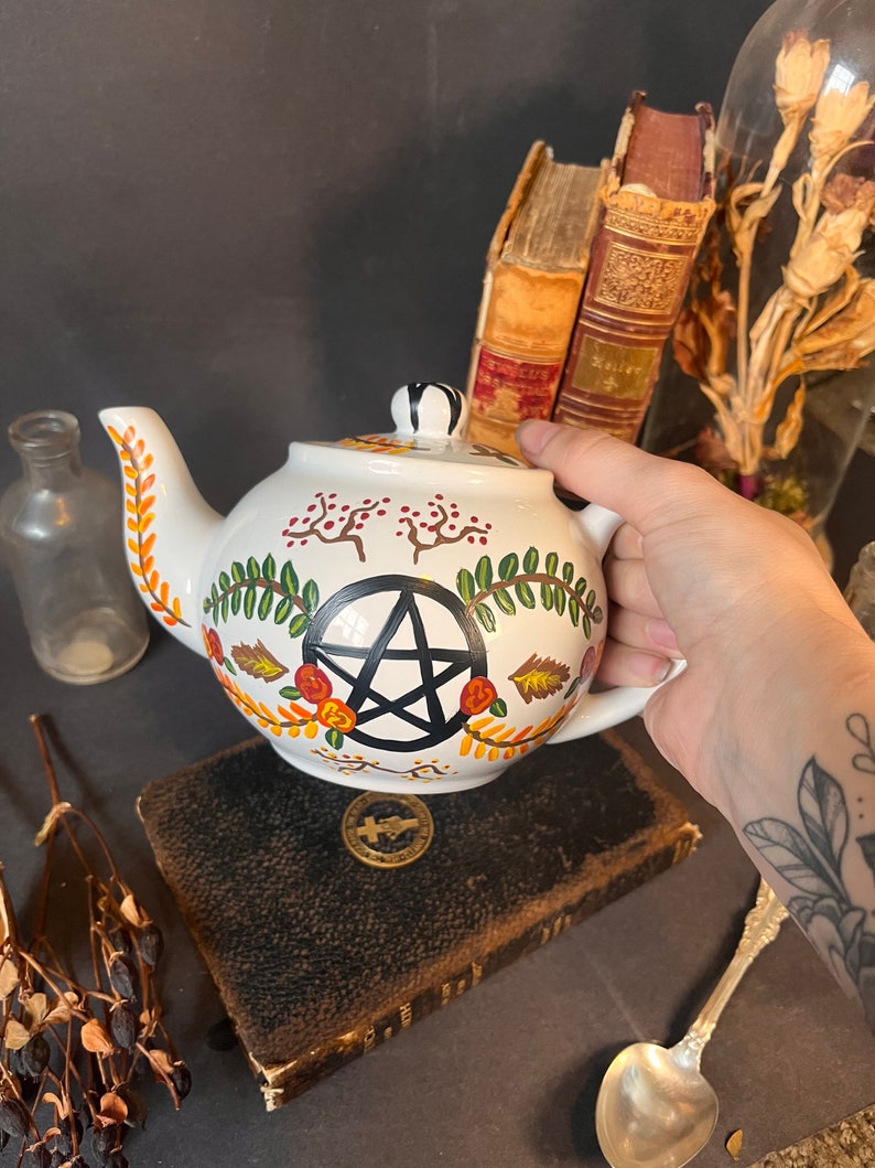 Hand-painted Ceramic Nature Magick Tea Pot dark decor witchy decor dark art cottagecore Tea Party coffee floral image 5