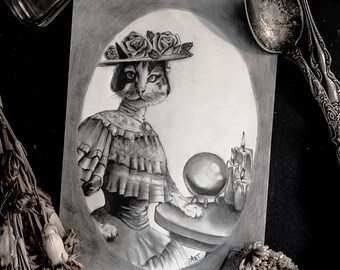 Seance Cat Drawing Print | art print | dark decor | witchy decor | dark art | cottagecore | cat art | victorian art | cat lady | spooky cat