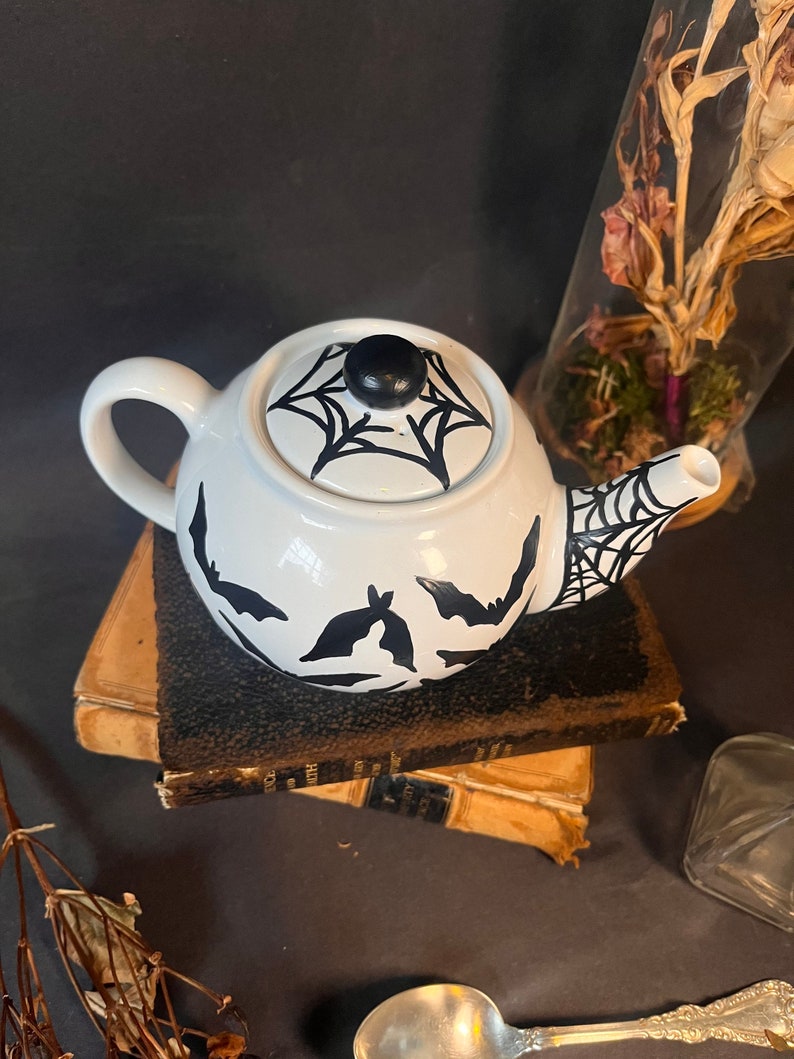 Hand-painted Ceramic Freaking Bats Tea Pot dark decor witchy decor dark art spiderwebs Tea Party coffee bats image 6