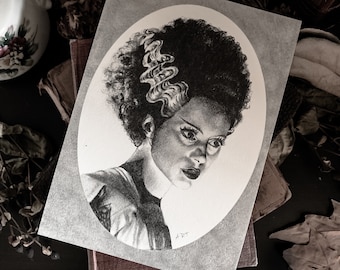 Frankensteins Bride Drawing Print  + Couple | art print | dark decor | witchy decor | dark art | classic horror | horror movie