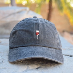 Red Wine Glass Embroidered 6 Panel Cotton Pigment Dyed Low Profile Baseball Dad Cap - Brand New - I love wine - Wine Lover