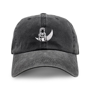 Man on the Moon Embroidered logo Pigment Dyed Cotton Washed Adjustable Baseball Dad Cap Hat - Makes a Great Gift - One Size Fits Most