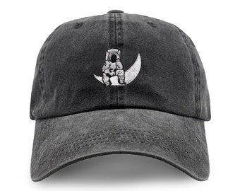 Man on the Moon Embroidered logo Pigment Dyed Cotton Washed Adjustable Baseball Dad Cap Hat - Makes a Great Gift - One Size Fits Most