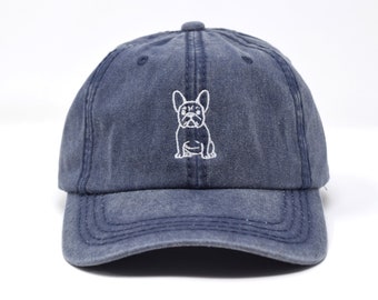 Frenchie Embroidered Pigment dyed Adjustable baseball dad cap hat - NAVY - French Bulldog - Unisex - Canine - Dog Lover - Dog Dad -  Dog Mom