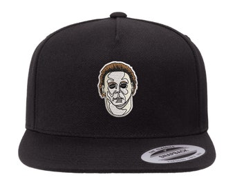 Halloween Michael Myers Mask Logo Embroidered 5 Panel Flat Bill Adjustable Classic Snapback Hat, Cool Halloween Costume Party Hat- BLACK