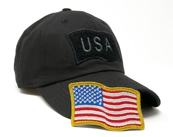 USA Hook and Loop American Flag Front Patch adjustable baseball cap - American Flag Hat - Black/Gold