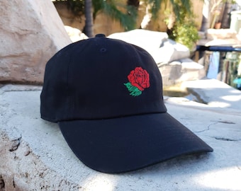Red Rose Embroidered Adjustable 100% Premium Cotton Adjustable Baseball Dad Cap Hat - Many Colors Available - One Size Fits Most
