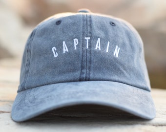 Captain Text Embroidered Plain Cotton Baseball Adjustable Dad Hat - 5 Colors - Pigment Dyed Cotton Washed Colored Cap