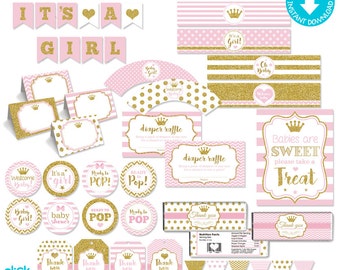 Pink and Gold Glitter Baby Shower Print Yourself Party Package, Printable Baby Shower Decoration, Princess Baby Shower