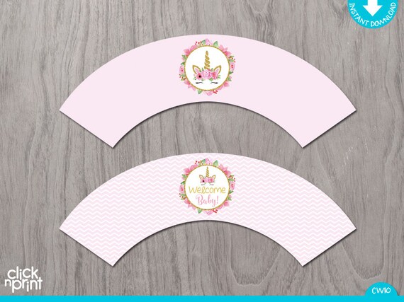 Unicorn Pink and Gold Glitter Print Yourself Girl Baby Shower Cupcake Wrappers, Unicorn Girl Baby Shower Printable Decoration Il_570xn