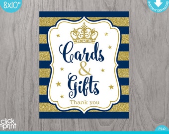Prince Baby Shower Navy Blue Gold Glitter Print Yourself Party Sign, Cards and Gifts Baby Shower Sign