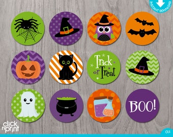 Halloween Cupcake Toppers Print Yourself Instant Download, 2 inches Halloween Stickers, Halloween Printable Decoration, Halloween Party Deco