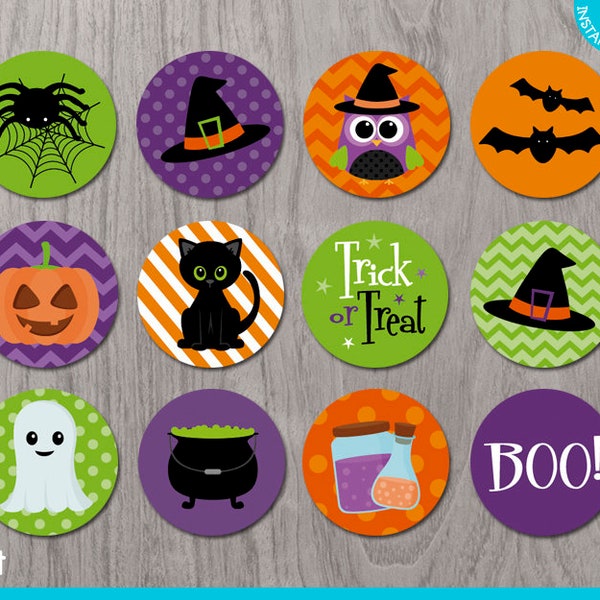 Halloween Cupcake Toppers Print Yourself Instant Download, 2 inches Halloween Stickers, Halloween Printable Decoration, Halloween Party Deco