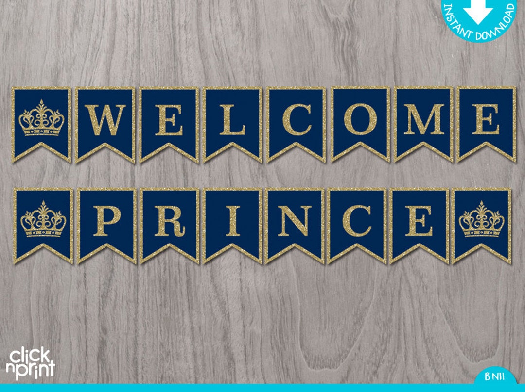 Prince Baby Shower Navy Blue Gold Glitter Print Youself Banner