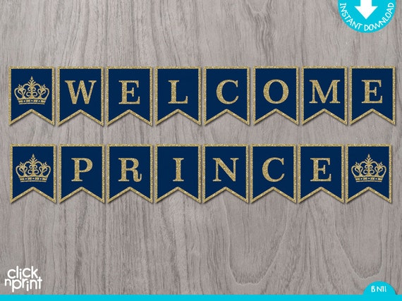 Prince Baby Shower Navy Blue Gold Glitter Print Youself Banner, Printable Baby Shower Banner Gold Glitter and Navy Blue Il_570xn