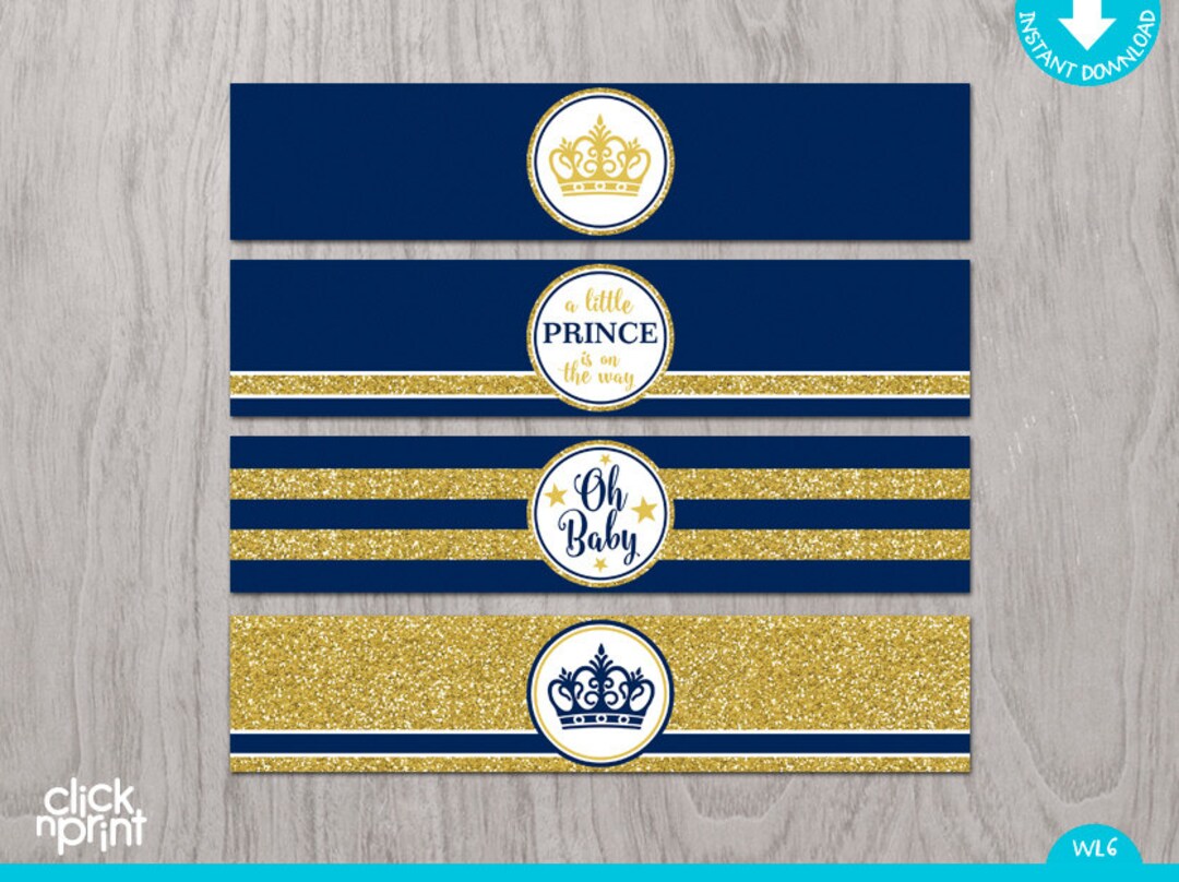 Prince Baby Shower Navy Blue Gold Glitter Print Yourself Water Bottle