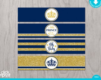 Prince Baby Shower Navy Blue Gold Glitter Print Yourself Water Bottle Labels, Prince Baby Shower Decoration DIY