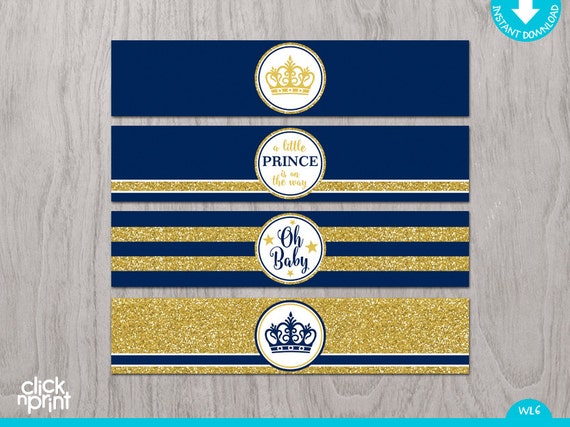 Prince Baby Shower Navy Blue Gold Glitter Print Yourself Water Etsy
