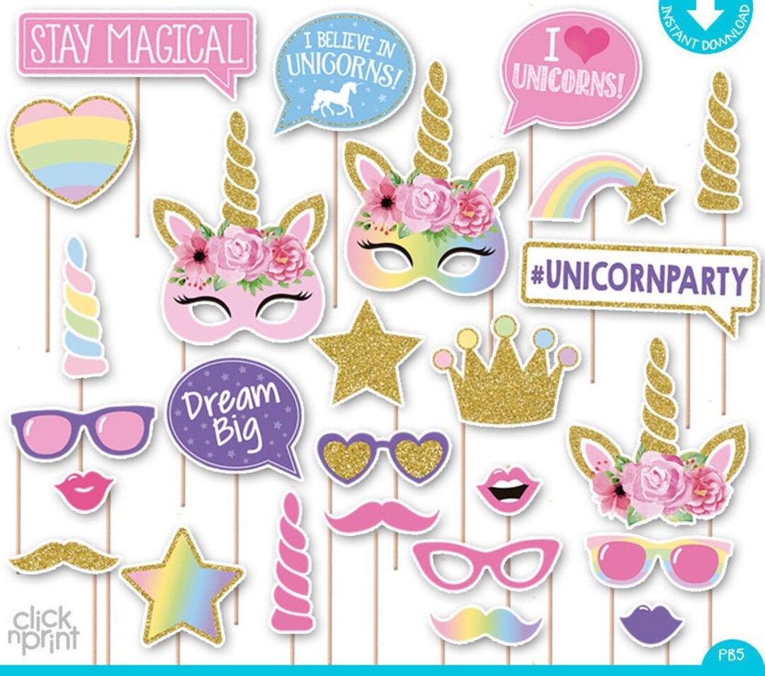 Unicorn Party Print Yourself Photo Booth Props W/ FREE Grab a Prop Sign - Unicorn Printable ...