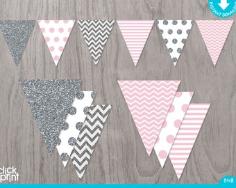 Pink and Silver Printable Banner, Printable Pink Silver Banner