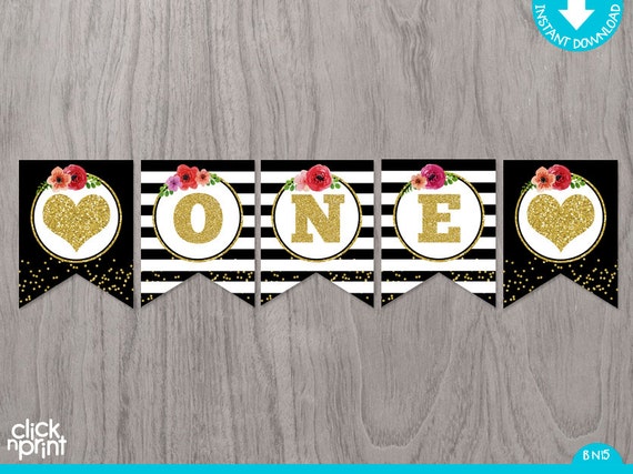 Black, White and Gold Striped with Flowers Print Yourself ONE year old Birthday Banner, Printable First Birthday Banner Il_570xn