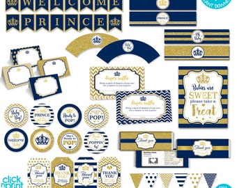 Prince Baby Shower Navy Blue and Gold Glitter Print Yourself Party Decorations, Printable Baby Shower Decoration, Party Package