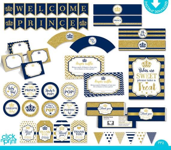 Prince Baby Shower Navy Blue And Gold Glitter Print Yourself Etsy