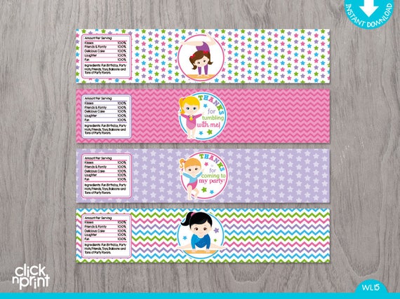 Gymnastics Print Yourself Water Bottle Labels, Gymnastic Birthday Water Botlle Labels, Gymnastics Party Decoration Print Yourself Il_570xn