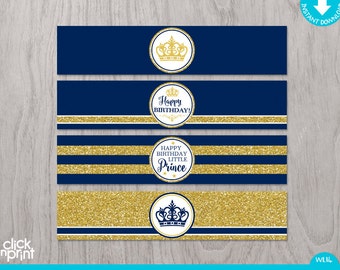 Prince Birthday Navy Blue Gold Glitter Print Yourself Water Bottle Labels, Prince Birthday Decoration DIY