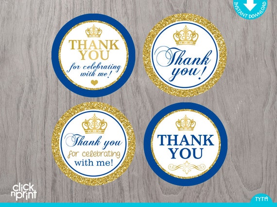 Royal Blue and Gold Glitter Baby Shower or Birthday Print Yourself Thank You Tags, Baby Shower or Birthday DIY Thank You Tags Il_570xn