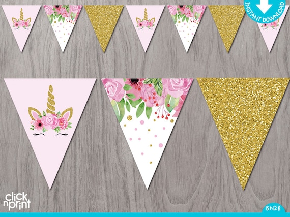Unicorn and Flowers Printable Banner, Printable Unicorn Banner, Unicorn Girl Baby Shower or Birthday Banner Il_570xn