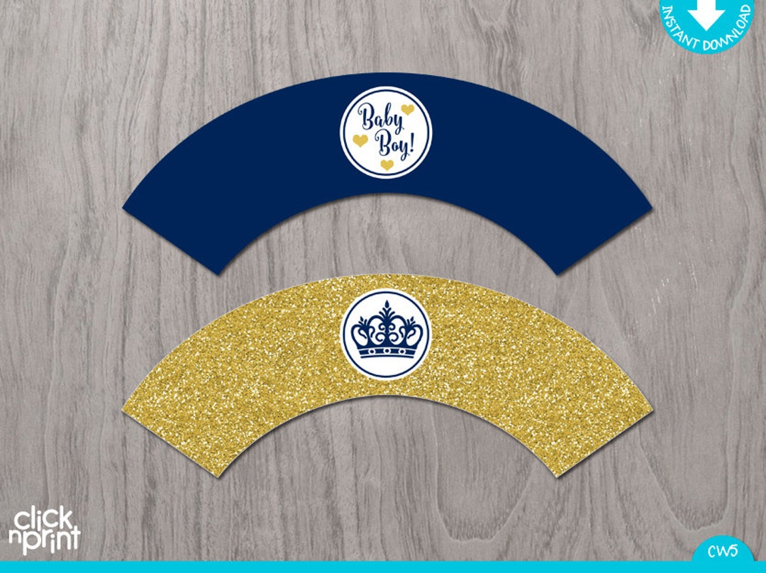 Prince Baby Shower Navy Blue Gold Glitter Print Yourself Cupcake