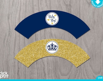 Prince Baby Shower Navy Blue Gold Glitter Print Yourself Cupcake Wrappers, Prince Baby Shower Decoration