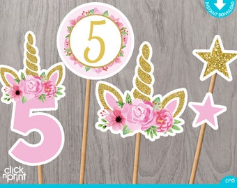 Unicorn 5th Birthday Centerpieces Print Yourself, Printable Unicorn Cake Toppers, Unicorn Party Decoration, Unicorn Birthday Centerpieces